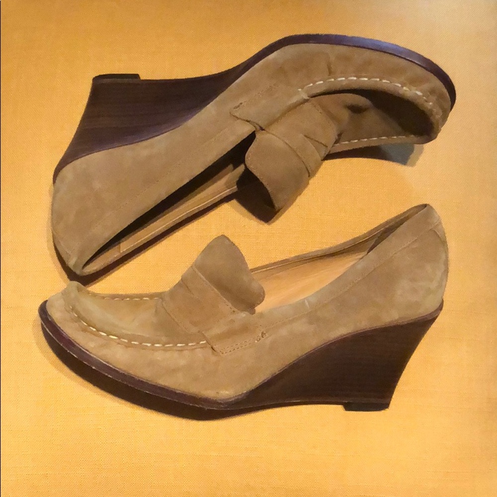 Michael Kors Camel Suede Wedge Penny Loafers